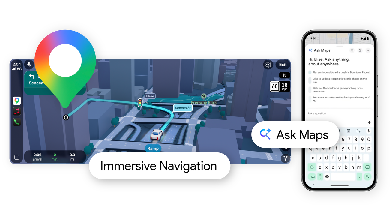 Google Mapsの新しい対話型検索機能「Ask Maps」と、3D表示や信号機を強調した「Immersive Navigation」のデモンストレーション画像。
