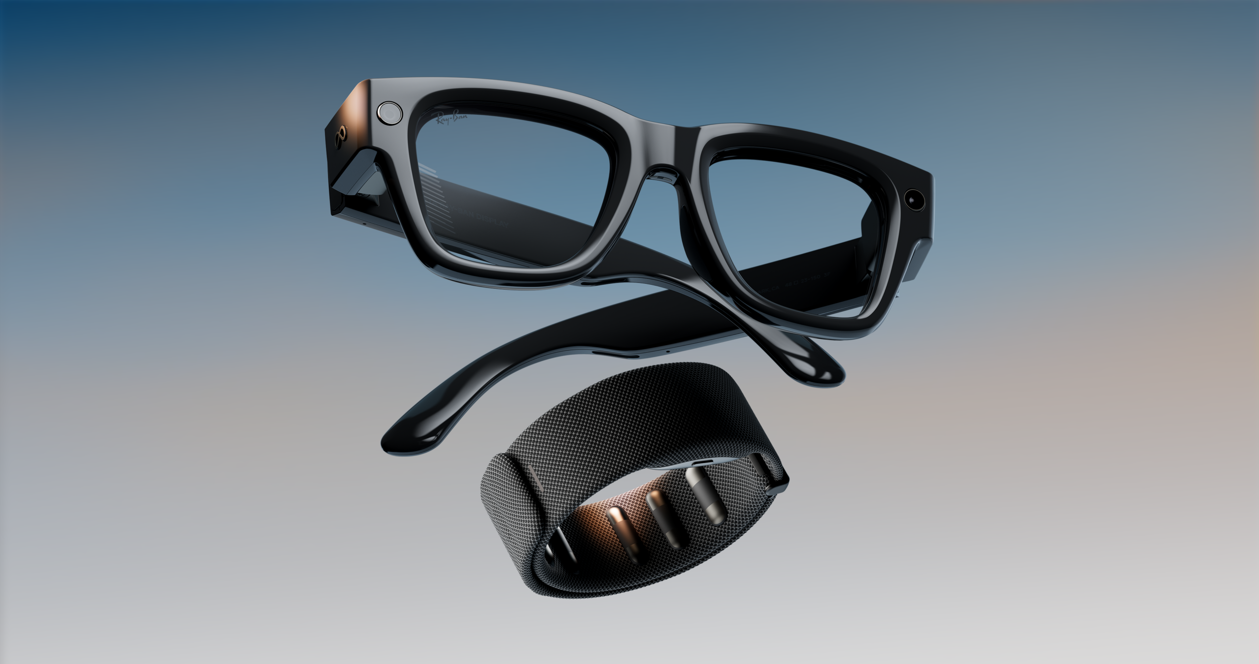 Metaが発表した、フルカラーディスプレイを搭載したAIグラス「Meta Ray-Ban Display」と筋電図リストバンド「Neural Band」の製品セット。