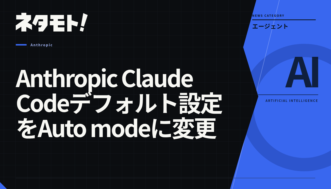 Anthropic Claude Codeのデフォルト設定がAuto modeに変更されたことを示すテキスト。