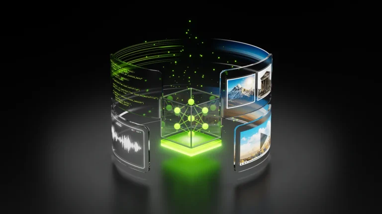 NVIDIAのロゴと、マルチモーダル推論の効率化を示す技術的な概念図。
