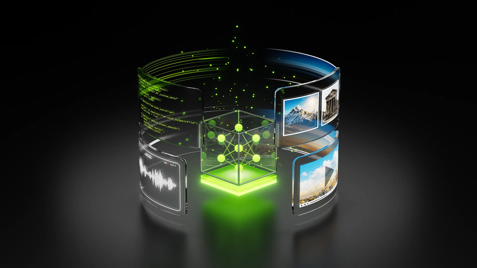 NVIDIAのロゴと、マルチモーダル推論の効率化を示す技術的な概念図。