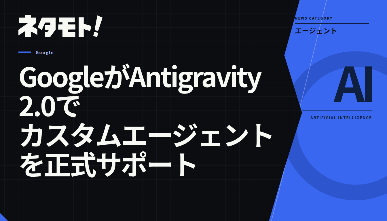 Google Antigravity 2.0のカスタムエージェント機能に関する解説記事のタイトル画像。
