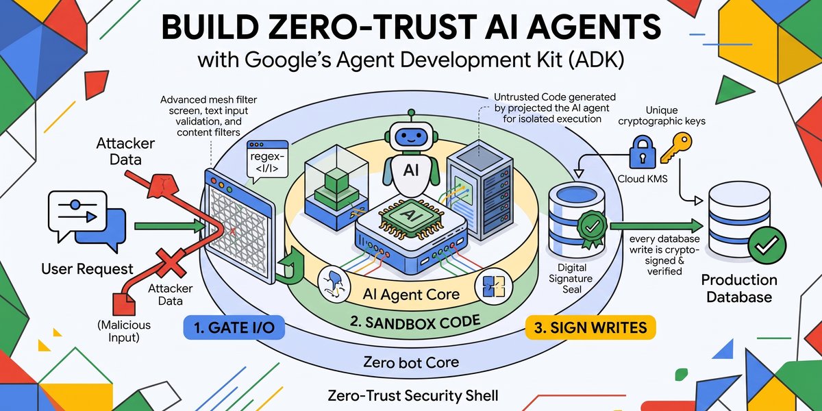 Googleが提案する、署名、サンドボックス、セマンティック・ゲートウェイによるAIエージェントのゼロトラスト設計の概念図。