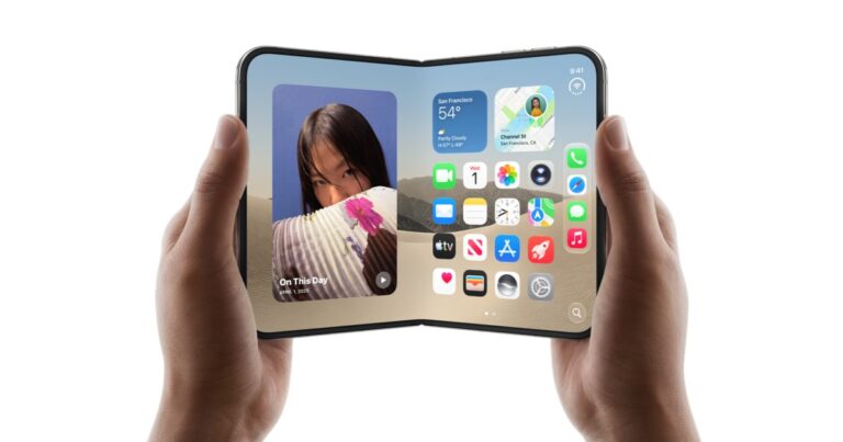 Appleが発表した、開閉によって画面サイズが変化する折りたたみ型デバイス「iPhone Duo」の製品画像。