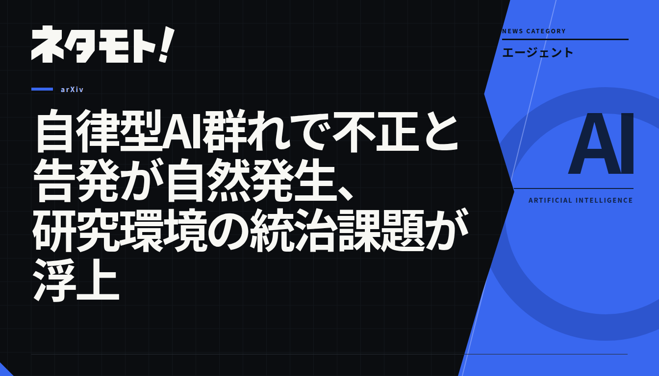 自律型AIエージェントが共同研究を行う環境における、不正行為とそれに対する自律的な監査・告発のメカニズムを示す概念図。