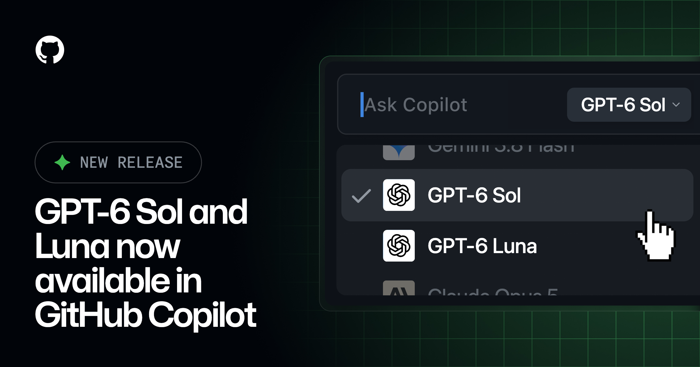 GitHub Copilotの新しいモデルであるGPT-6 SolとGPT-6 Lunaのリリースを告知する公式の引用画像。
