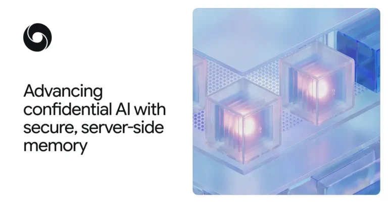 Google DeepMindによる、クラウド上の隔離されたメモリ内でデータを暗号化したまま保持し、デバイスを跨いでAIの記憶を継続させる新技術の概念図。