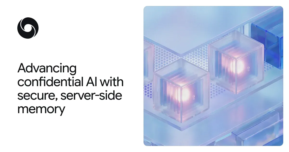 Google DeepMindによる、クラウド上の隔離されたメモリ内でデータを暗号化したまま保持し、デバイスを跨いでAIの記憶を継続させる新技術の概念図。