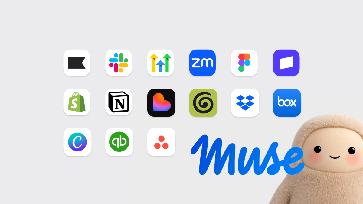 MetaのAIエージェント「Muse」が、InstagramやFacebook、Canvaなどの外部ツールと連携して業務を支援する仕組みを示す図解。